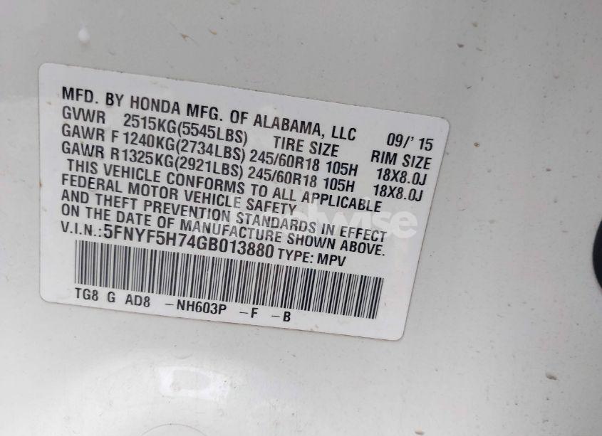 Photo 9 of 2016 Honda Pilot EX-L (VIN 5FNYF5H74GB013880)