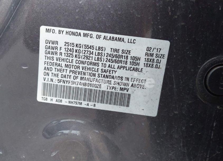 Photo 9 of 2017 Honda Pilot EX-L (VIN 5FNYF5H74HB010026)