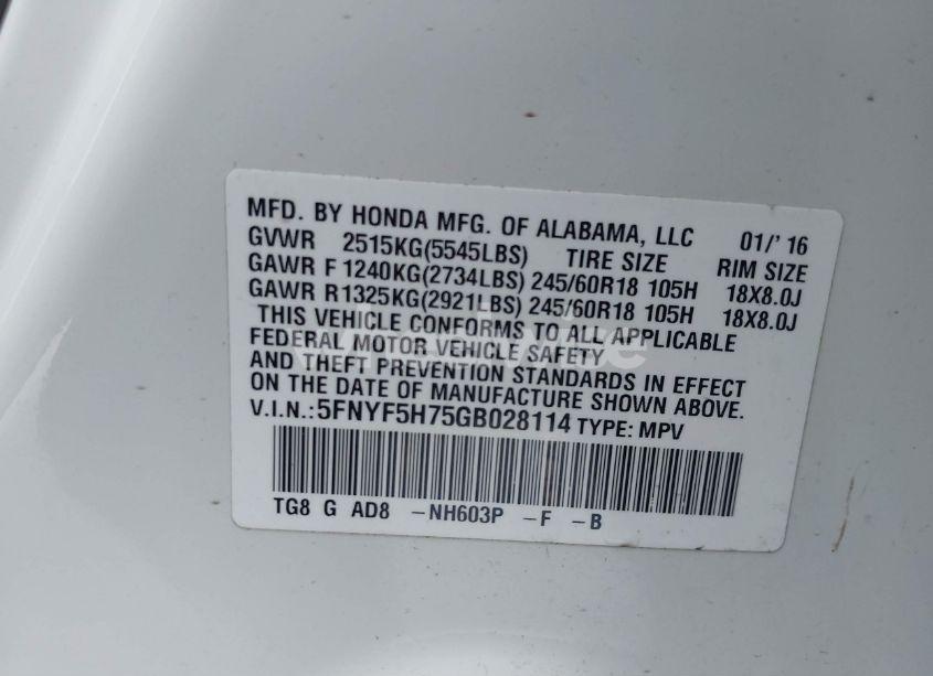 Photo 9 of 2016 Honda Pilot EX-L (VIN 5FNYF5H75GB028114)