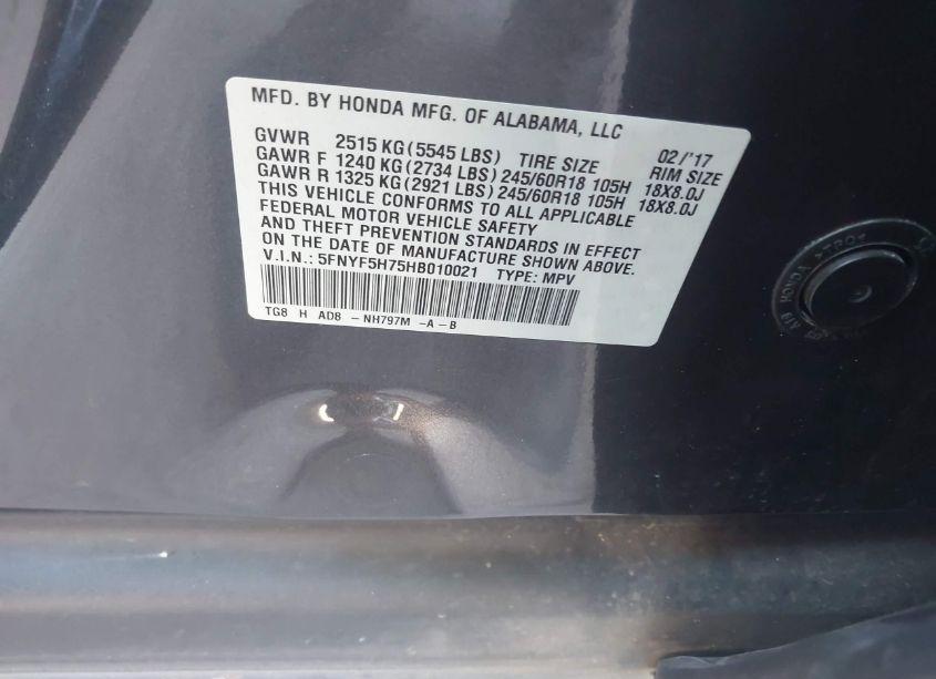 Photo 9 of 2017 Honda Pilot EX-L (VIN 5FNYF5H75HB010021)