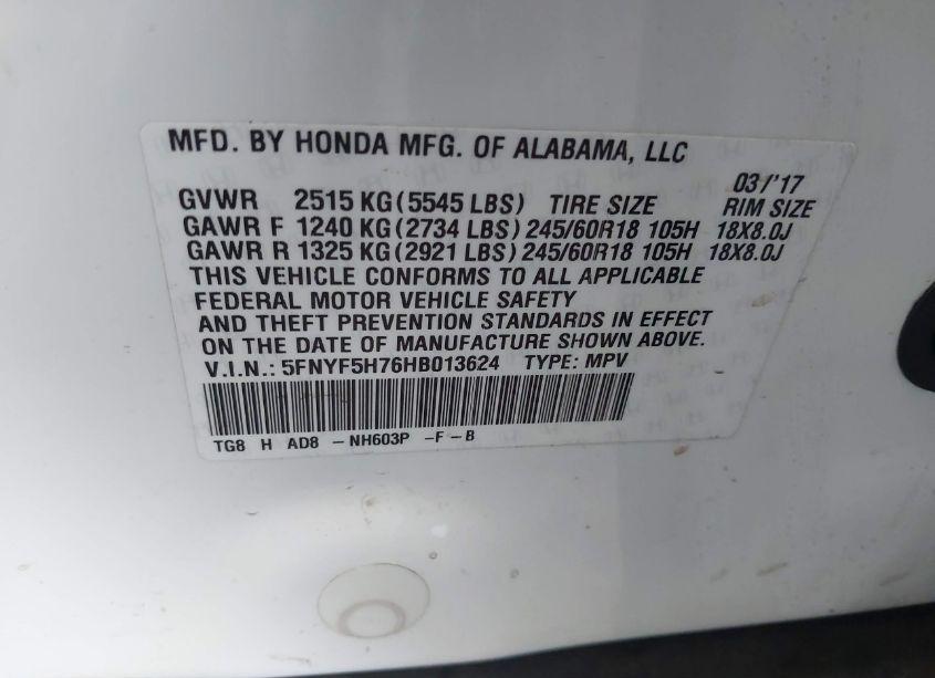 Photo 9 of 2017 Honda Pilot EX-L (VIN 5FNYF5H76HB013624)