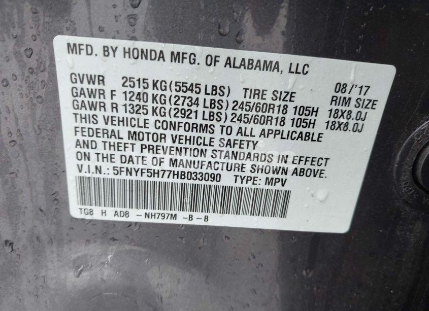 Photo 9 of 2017 Honda Pilot EX-L (VIN 5FNYF5H77HB033090)