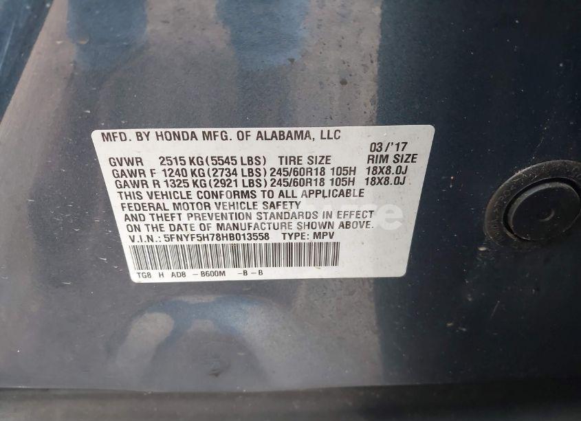 Photo 9 of 2017 Honda Pilot EX-L (VIN 5FNYF5H78HB013558)