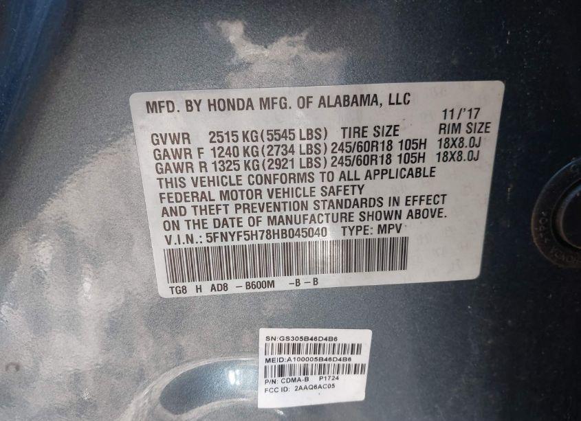 Photo 9 of 2017 Honda Pilot EX-L (VIN 5FNYF5H78HB045040)