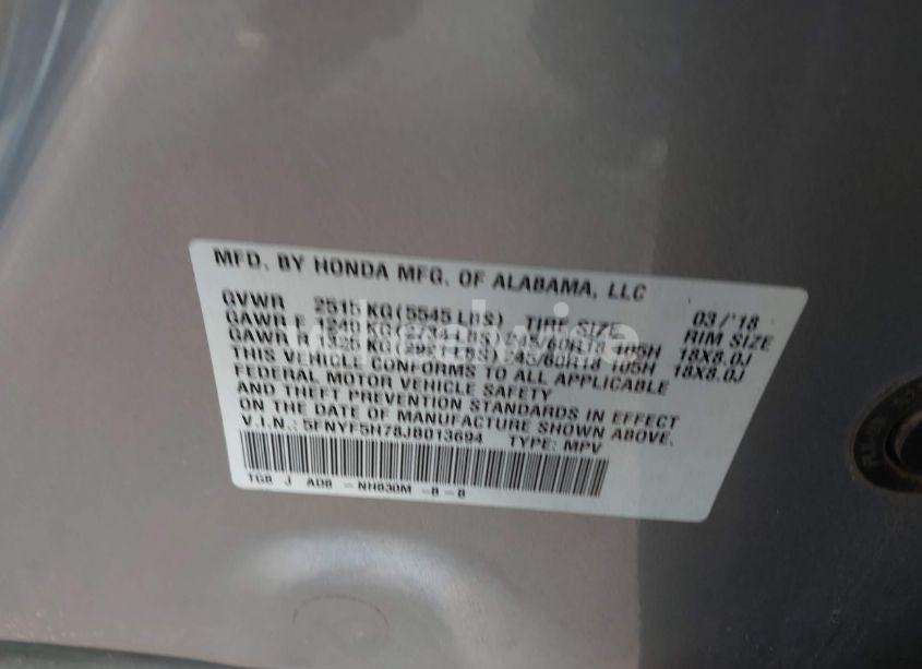 Photo 9 of 2018 Honda Pilot EXLN (VIN 5FNYF5H78JB013694)