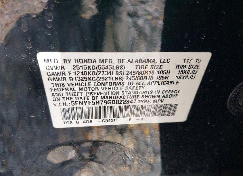 Photo 9 of 2016 Honda Pilot EX-L (VIN 5FNYF5H79GB022347)