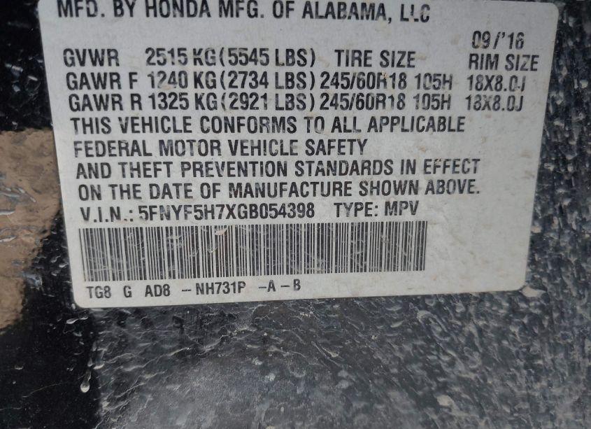 Photo 9 of 2016 Honda Pilot EX-L (VIN 5FNYF5H7XGB054398)