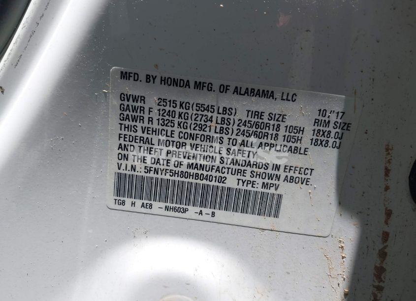 Photo 9 of 2017 Honda Pilot EX-L (VIN 5FNYF5H80HB040102)