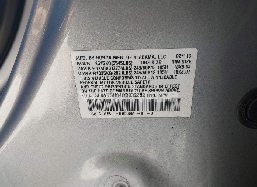 Photo 9 of 2016 Honda Pilot EX-L (VIN 5FNYF5H84GB032292)