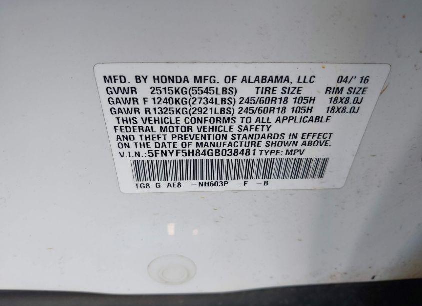 Photo 9 of 2016 Honda Pilot EX-L (VIN 5FNYF5H84GB038481)