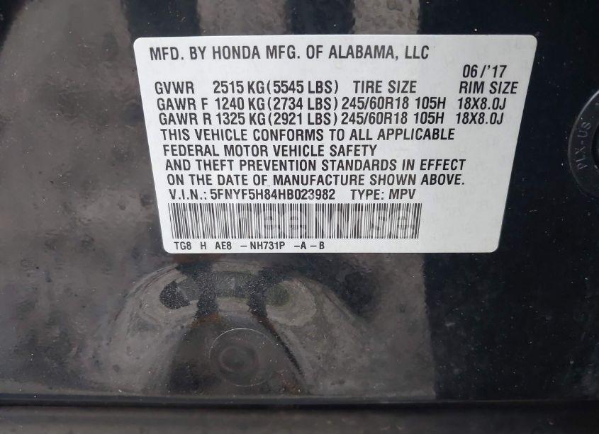 Photo 9 of 2017 Honda Pilot EXL (VIN 5FNYF5H84HB023982)