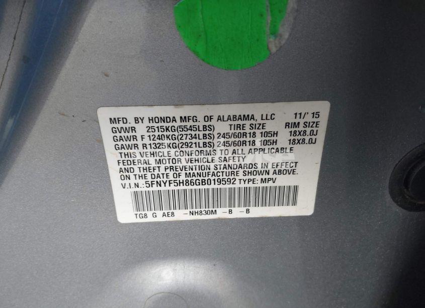 Photo 9 of 2016 Honda Pilot EX-L (VIN 5FNYF5H86GB019592)