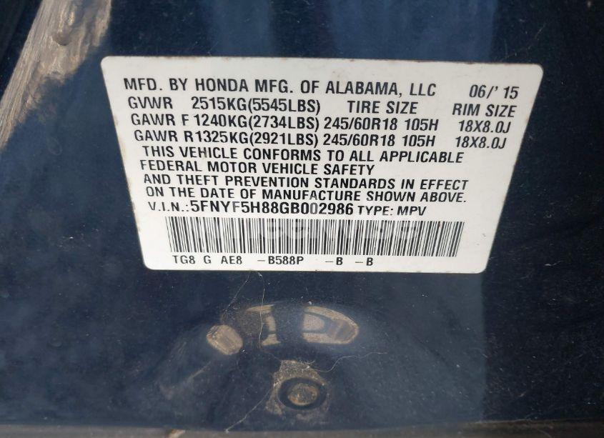 Photo 9 of 2016 Honda Pilot EX-L (VIN 5FNYF5H88GB002986)