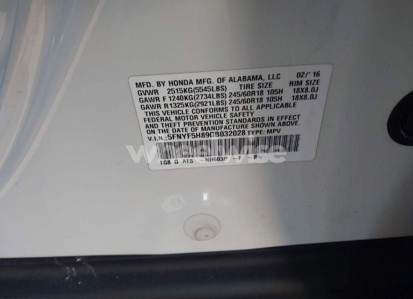 Photo 9 of 2016 Honda Pilot EX-L (VIN 5FNYF5H89GB032028)