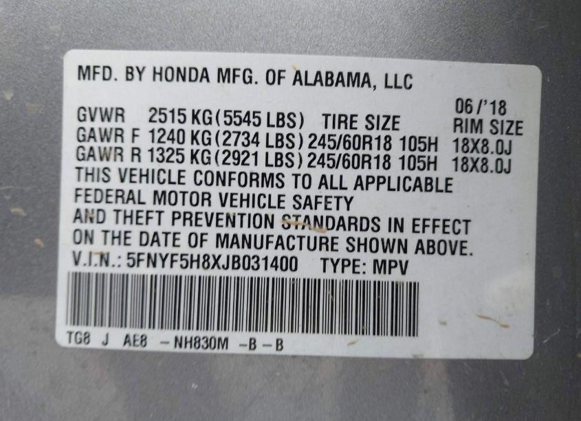 Photo 9 of 2018 Honda Pilot EX-L (VIN 5FNYF5H8XJB031400)
