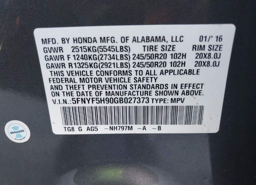 Photo 9 of 2016 Honda Pilot TOURING (VIN 5FNYF5H90GB027373)
