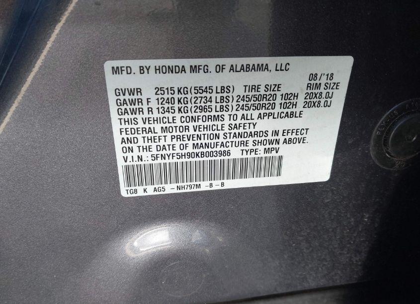 Photo 9 of 2019 Honda Pilot TOURING (VIN 5FNYF5H90KB003986)