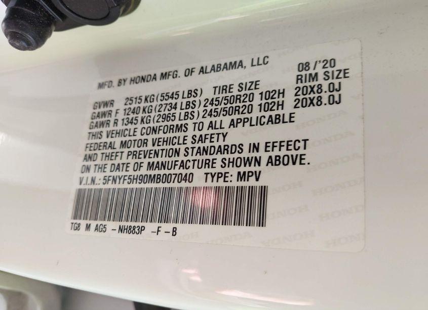 Photo 9 of 2021 Honda Pilot 2WD TOURING 8 PASSENGER (VIN 5FNYF5H90MB007040)