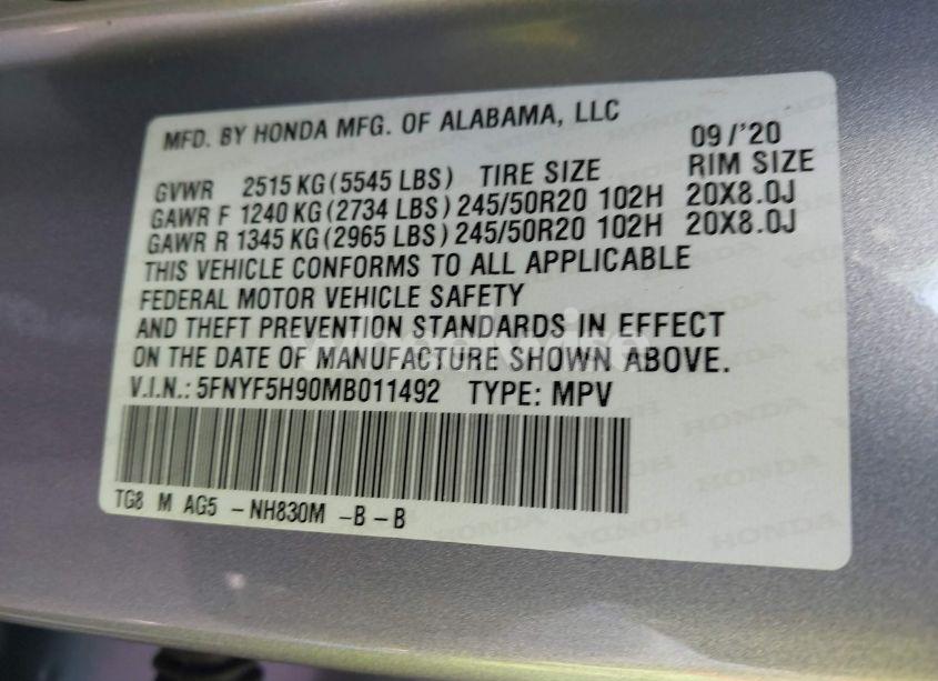Photo 9 of 2021 Honda Pilot 2WD TOURING 8 PASSENGER (VIN 5FNYF5H90MB011492)