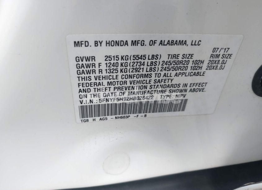 Photo 9 of 2017 Honda Pilot TOURING (VIN 5FNYF5H92HB026422)