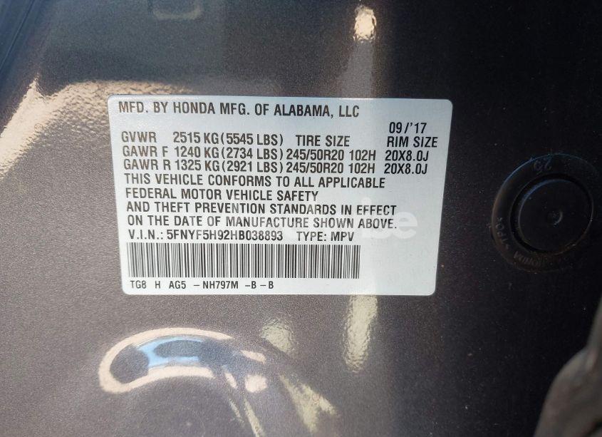 Photo 9 of 2017 Honda Pilot TOURING (VIN 5FNYF5H92HB038893)