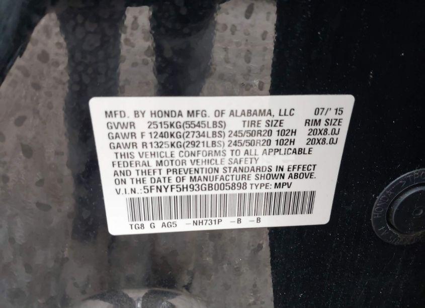 Photo 9 of 2016 Honda Pilot TOURING (VIN 5FNYF5H93GB005898)