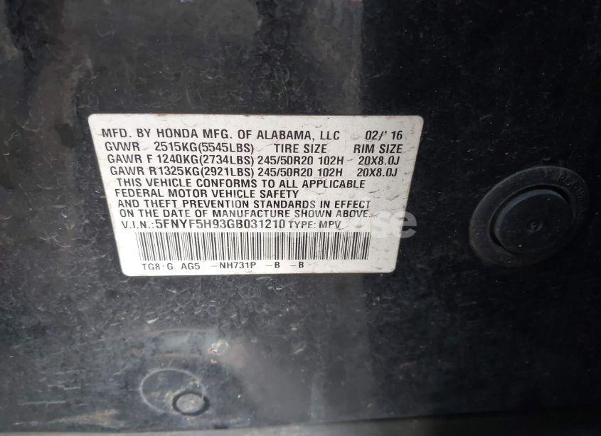 Photo 9 of 2016 Honda Pilot TOURING (VIN 5FNYF5H93GB031210)