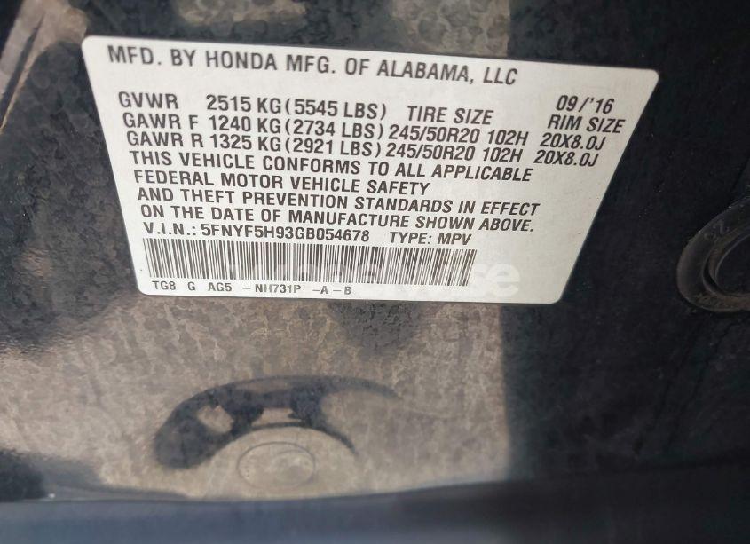 Photo 9 of 2016 Honda Pilot TOURING (VIN 5FNYF5H93GB054678)