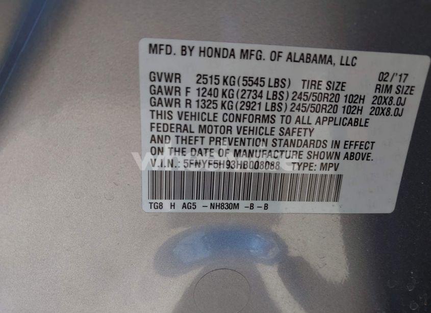 Photo 9 of 2017 Honda Pilot TOURING (VIN 5FNYF5H93HB008088)