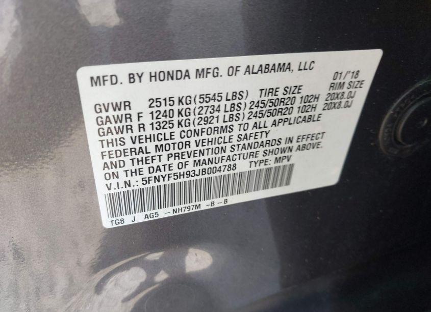 Photo 9 of 2018 Honda Pilot TOURING (VIN 5FNYF5H93JB004788)