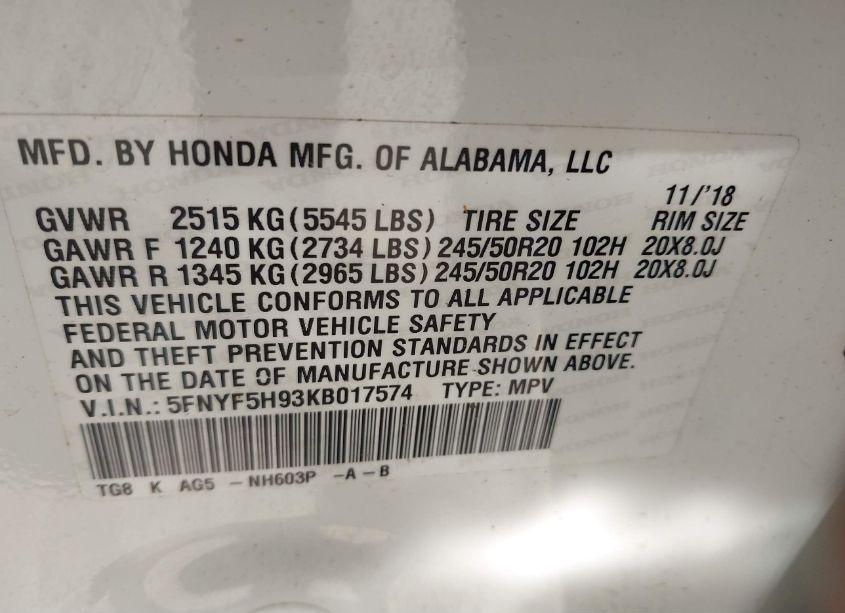 Photo 9 of 2019 Honda Pilot TOURING (VIN 5FNYF5H93KB017574)