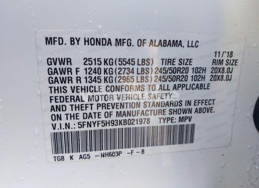 Photo 9 of 2019 Honda Pilot TOURING (VIN 5FNYF5H93KB021978)