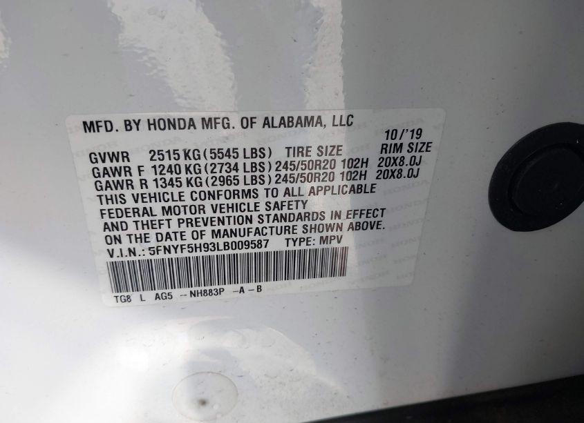 Photo 9 of 2020 Honda Pilot 2WD TOURING 8 PASSENGER (VIN 5FNYF5H93LB009587)