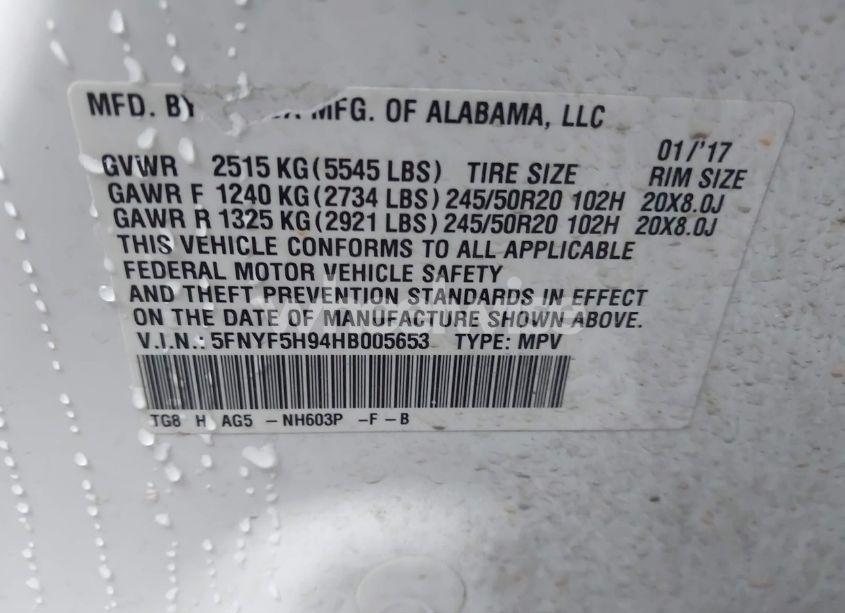 Photo 9 of 2017 Honda Pilot TOURING (VIN 5FNYF5H94HB005653)