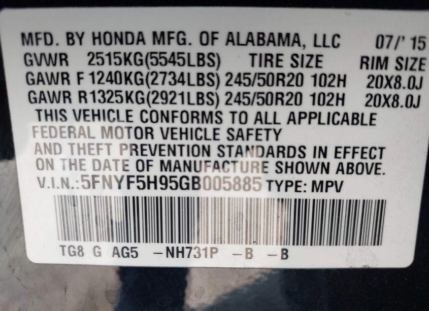 Photo 9 of 2016 Honda Pilot TOURING (VIN 5FNYF5H95GB005885)