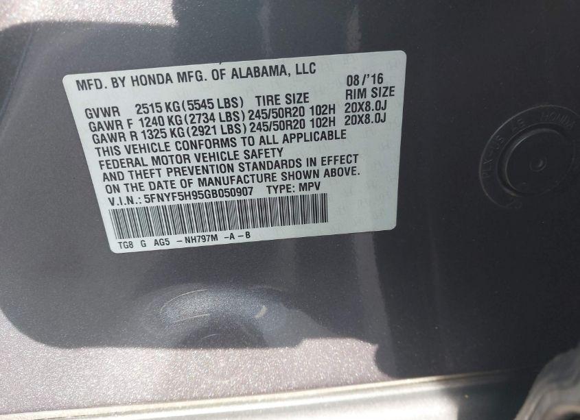 Photo 9 of 2016 Honda Pilot TOURING (VIN 5FNYF5H95GB050907)