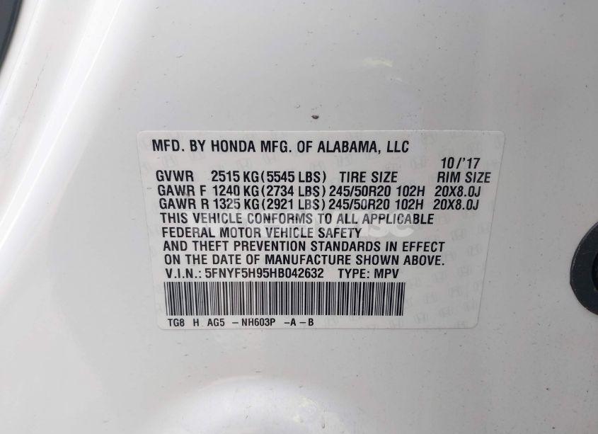 Photo 9 of 2017 Honda Pilot TOURING (VIN 5FNYF5H95HB042632)