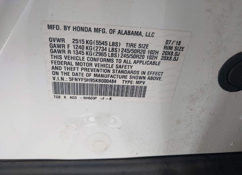 Photo 9 of 2019 Honda Pilot TOURING (VIN 5FNYF5H95KB000484)