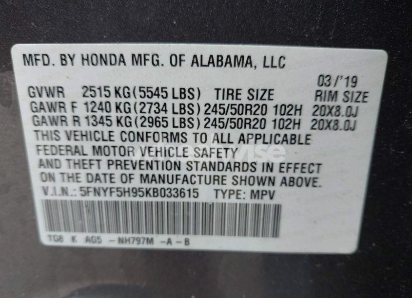 Photo 9 of 2019 Honda Pilot TOURING (VIN 5FNYF5H95KB033615)