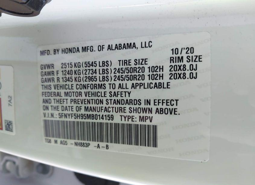 Photo 9 of 2021 Honda Pilot 2WD TOURING 8 PASSENGER (VIN 5FNYF5H95MB014159)