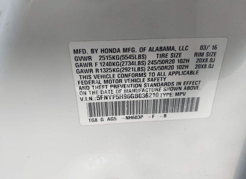 Photo 9 of 2016 Honda Pilot TOURING (VIN 5FNYF5H96GB036210)