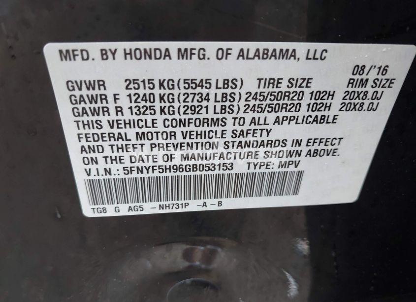 Photo 9 of 2016 Honda Pilot TOURING (VIN 5FNYF5H96GB053153)