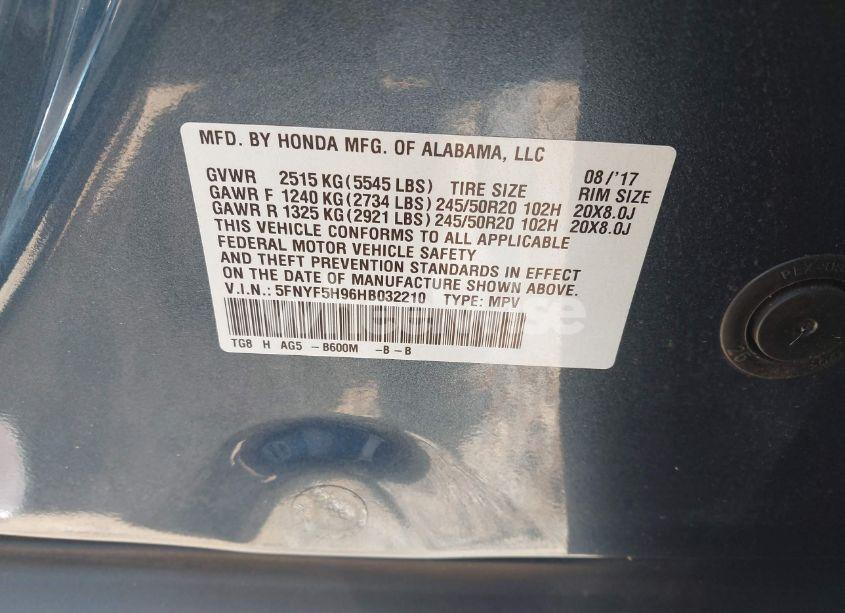 Photo 9 of 2017 Honda Pilot TOURING (VIN 5FNYF5H96HB032210)