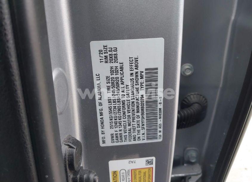 Photo 9 of 2021 Honda Pilot 2WD TOURING 8 PASSENGER (VIN 5FNYF5H96MB020794)