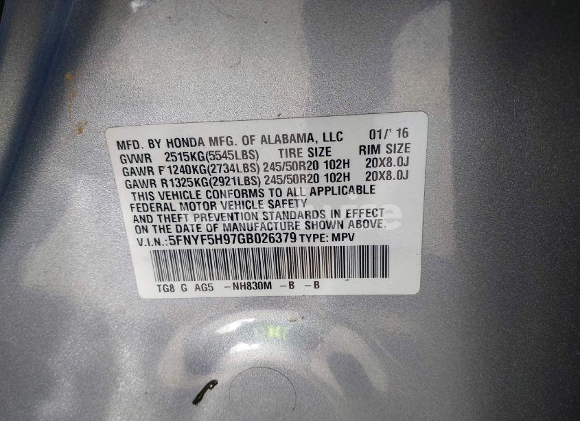 Photo 9 of 2016 Honda Pilot TOURING (VIN 5FNYF5H97GB026379)