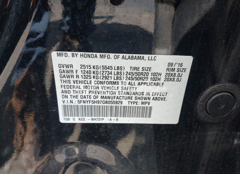 Photo 9 of 2016 Honda Pilot TOURING (VIN 5FNYF5H97GB055929)