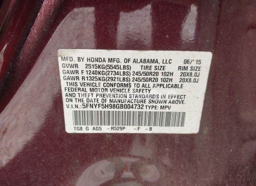 Photo 9 of 2016 Honda Pilot TOURING (VIN 5FNYF5H98GB004732)