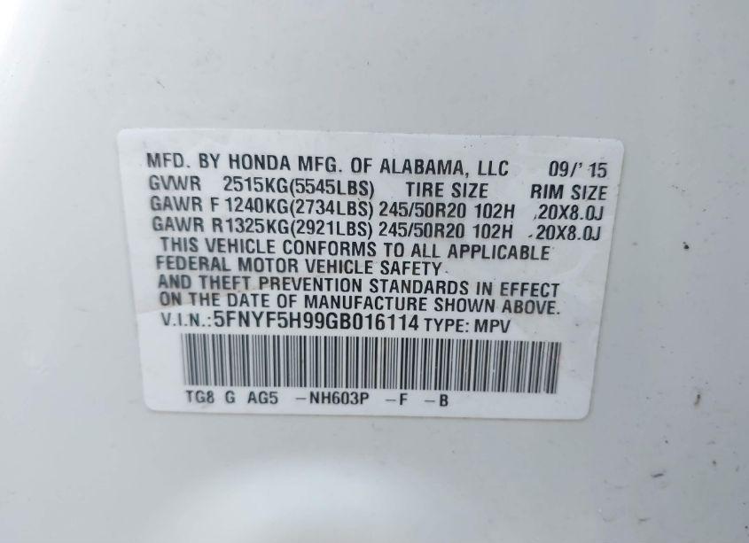 Photo 9 of 2016 Honda Pilot TOURING (VIN 5FNYF5H99GB016114)