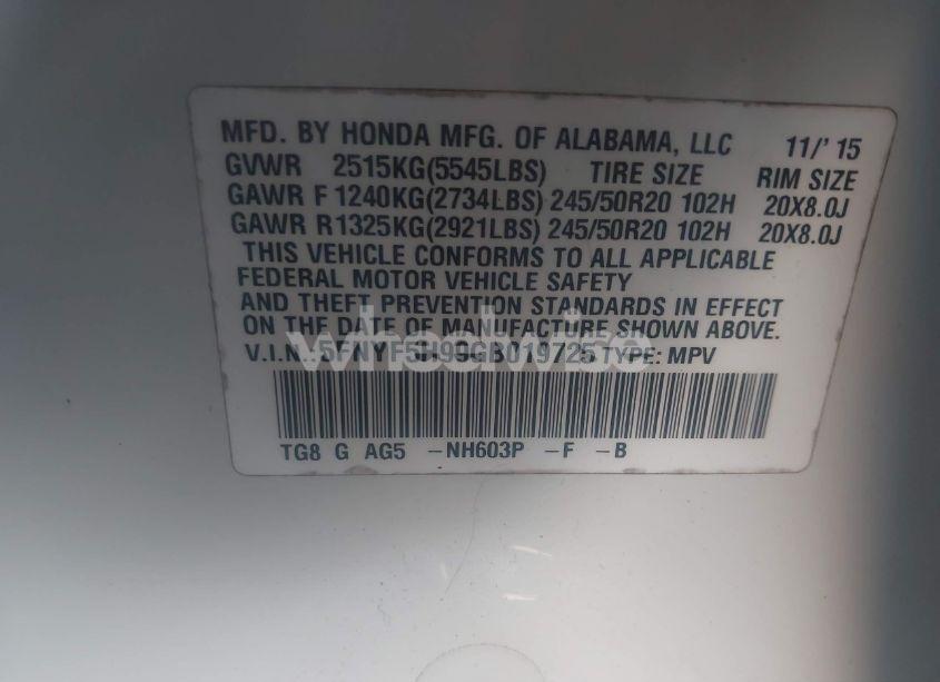 Photo 9 of 2016 Honda Pilot TOURING (VIN 5FNYF5H99GB019725)