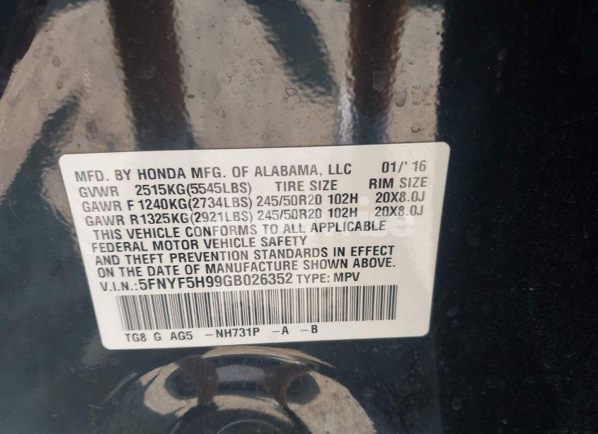 Photo 9 of 2016 Honda Pilot TOURING (VIN 5FNYF5H99GB026352)